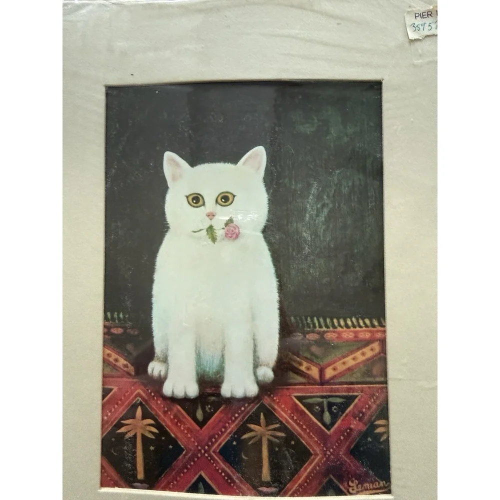 Vintage Folk Art Tile Trivet MCM Decor Martin Leman‎ White Cat Rosebud Unopened